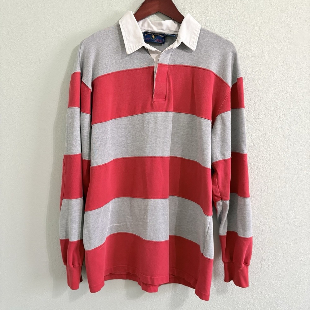 Vintage Apparel Workshop Rugby Shirt Men's Large Red Gray Stripe Distressed Polo